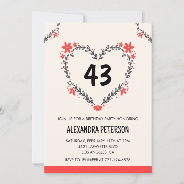 Modern Any age Floral Heart for her 43rd birthday Invitation (Front)