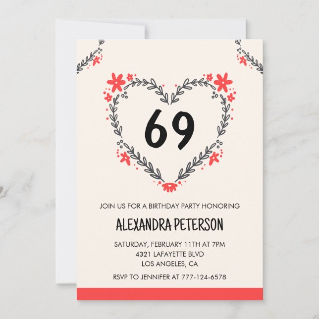 Modern Any age Floral Heart for her 69th birthday Invitation (Front)