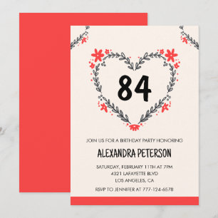 Modern Any age Floral Heart for her 84th birthday Invitation