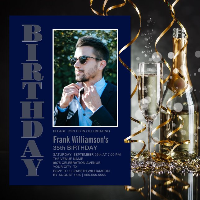Modern Any Age Grey Navy Blue Photo Birthday Party Invitation (Creator Uploaded)