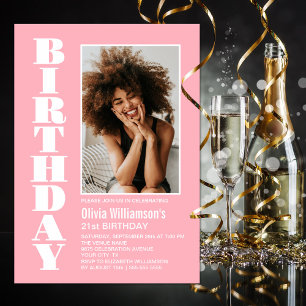 Modern Any Age Pink White Photo Birthday Party Invitation