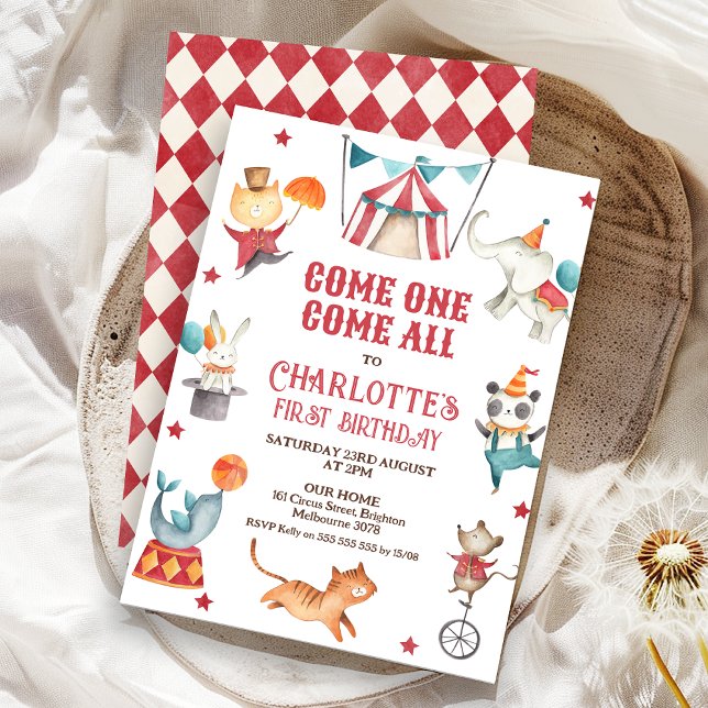 Modern Any Gender Red Circus 1st Birthday Invitation (Red Circus Themed Birthday Invitation, Circus 1st Birthday Invite, Modern, Circus Tent, Come One)