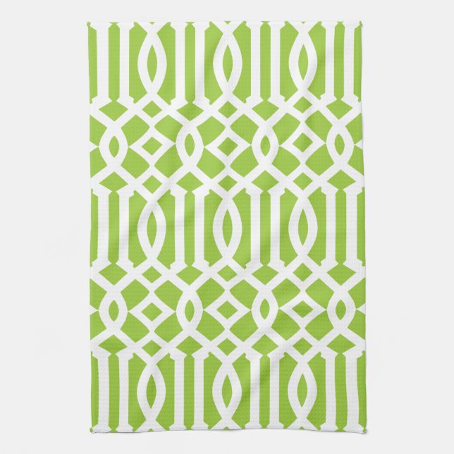 Modern Apple Green and White Trellis Pattern Tea Towel (Vertical)