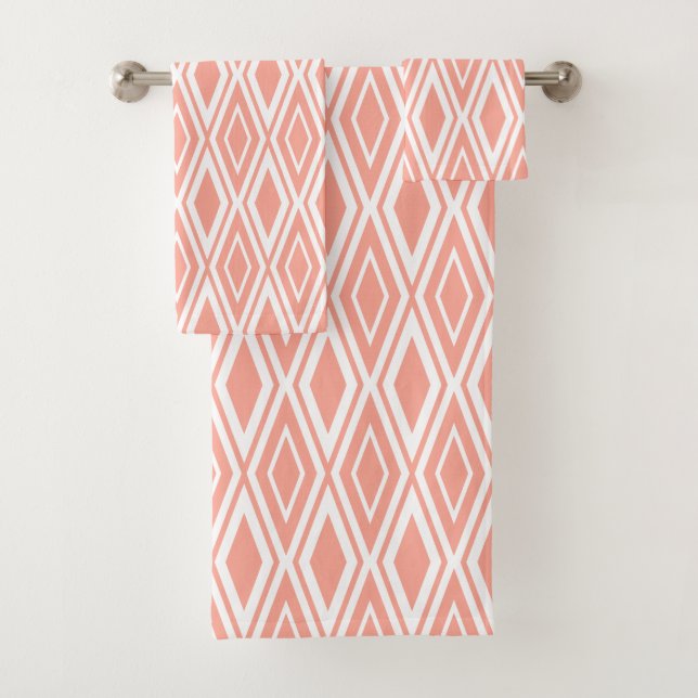Modern Apricot and White Diamond Pattern Bath Towel Set (Insitu)