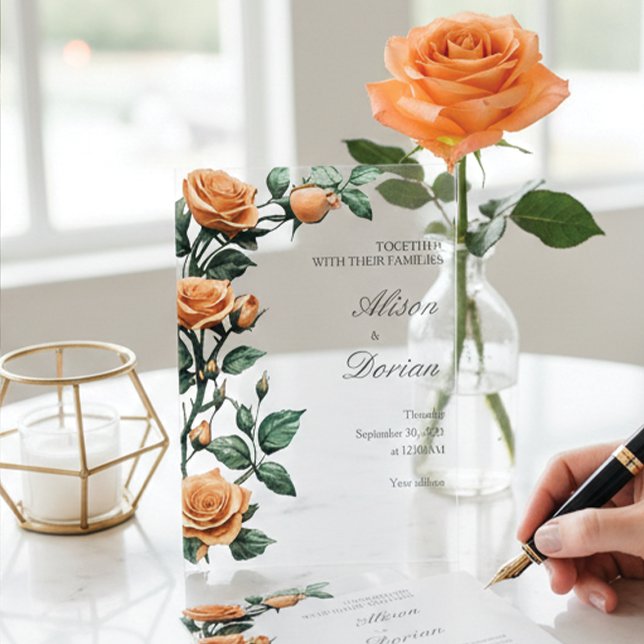 Modern Apricot Orange Rose Floral Acrylic Wedding Invitations (Creator Uploaded)
