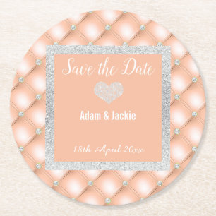 MODERN APRICOT PEACH DIAMOND SAVE THE DATE COASTER