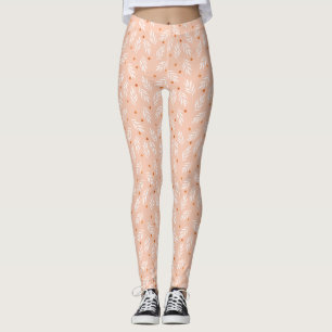 Modern Apricot Pink Floral Leaves Pattern Leggings