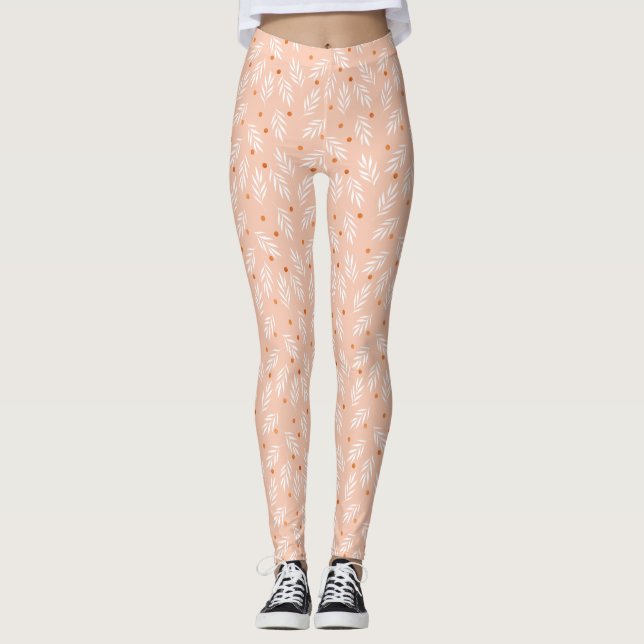 Modern Apricot Pink Floral Leaves Pattern Leggings (Front)