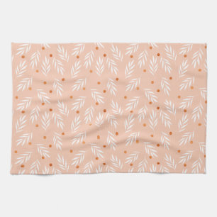 Modern Apricot Pink Floral Leaves Pattern Tea Towel