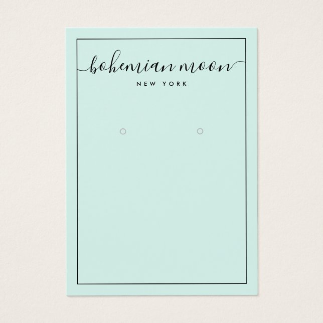 Modern aqua and black script earring display card (Front)
