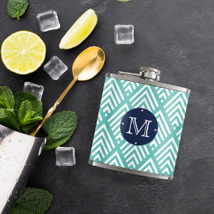 Modern Aqua and Navy Chevron Diamond Monogram Hip Flask
