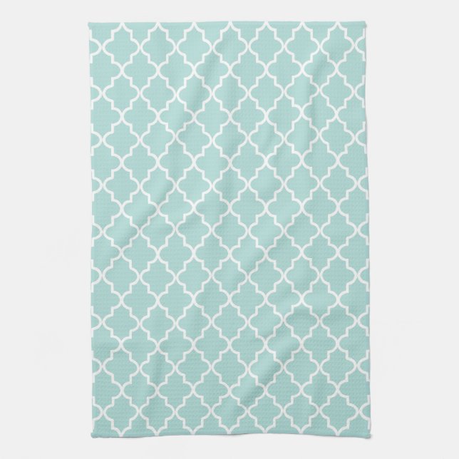 Modern Aqua and White Moroccan Quatrefoil Pattern Tea Towel (Vertical)
