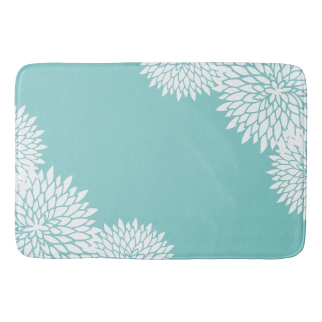 Modern Aqua Blue and White Floral Bath Mat (Front)