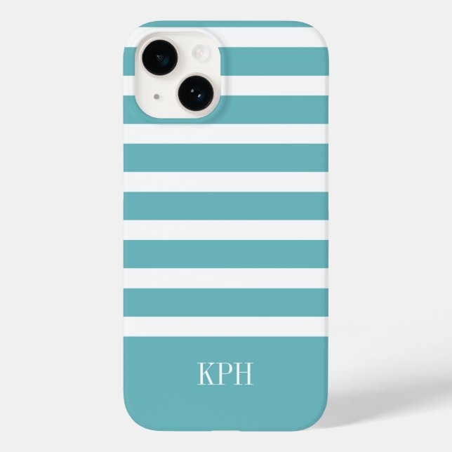 Modern Aqua Blue and White Stripe with Monogram  Case-Mate iPhone Case (Back)