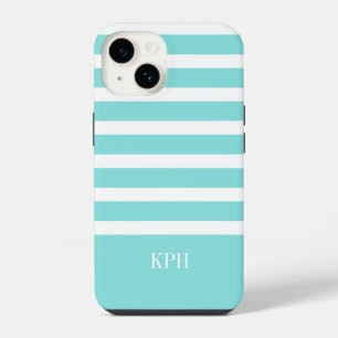 Modern Aqua Blue and White Stripe with Monogram iPhone 14 Case