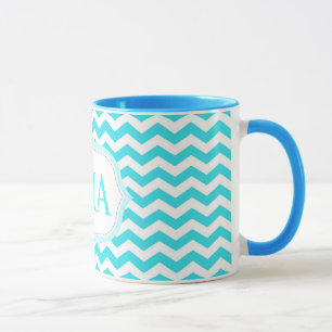 modern aqua blue chevron stripes monogram initials mug