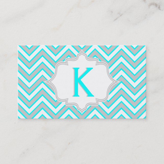 Modern aqua blue, grey chevron monogram business card (Front)