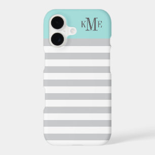 Modern Aqua Blue Grey Stripes Custom Monogram