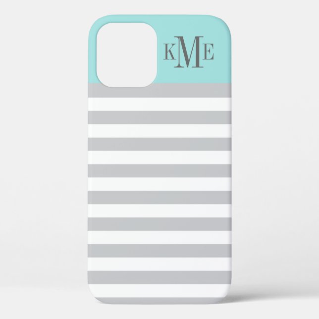 Modern Aqua Blue Grey Stripes Custom Monogram Case-Mate iPhone Case (Back)