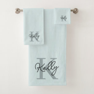 Modern Aqua Blue Monogram Script Bath Towel Set