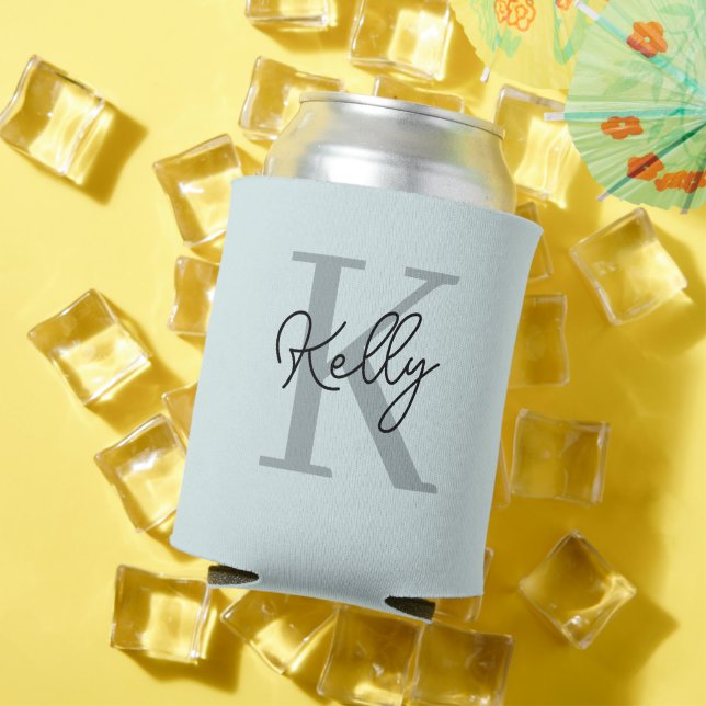 Modern Aqua Blue Monogram Script Can Cooler (In Situ Summer)