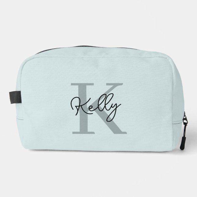 Modern Aqua Blue Monogram Script Dopp Kit (Front)
