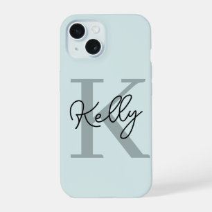 Modern Aqua Blue Monogram Script iPhone 15 Case