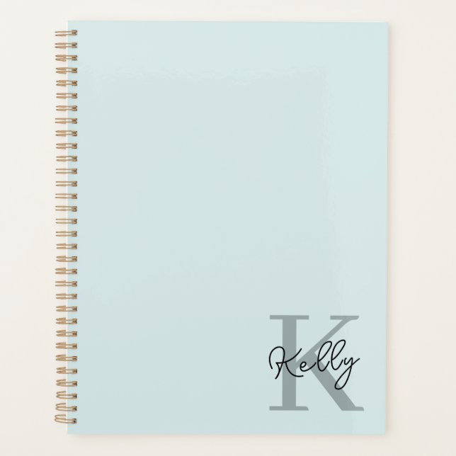 Modern Aqua Blue Monogram Script Planner (Front)