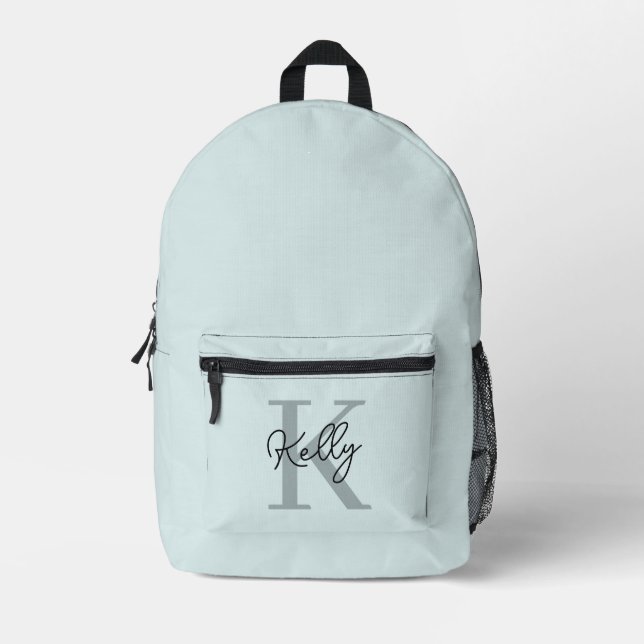 Modern Aqua Blue Monogram Script Printed Backpack (Front)