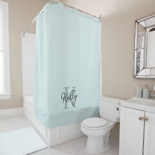 Modern Aqua Blue Monogram Script Shower Curtain