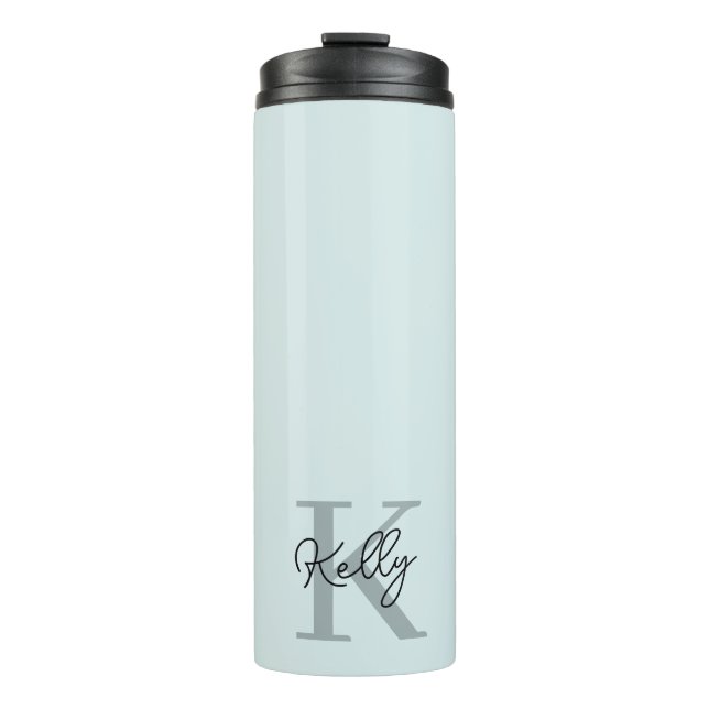 Modern Aqua Blue Monogram Script Thermal Tumbler (Front)
