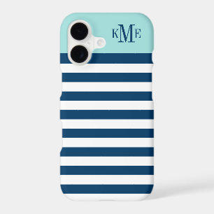 Modern Aqua Blue Navy Stripes Custom Monogram