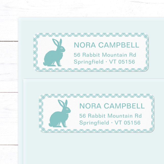 Modern Aqua Blue Rabbit Gingham Return Address (Modern, cute aqua blue rabbit return address label with classic turquoise gingham checks background.)