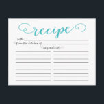 Modern Aqua Blue Script Bridal Shower Recipe Cards<br><div class="desc">Contemporary Bridal Shower Kitchen Recipe Cards featuring a stylish aqua blue typography script font set on a crisp white background. The front of our recipe card offers room for a recipe title, from the kitchen of and ingredients space. Flip our recipe card over to view directions, prep time & total...</div>