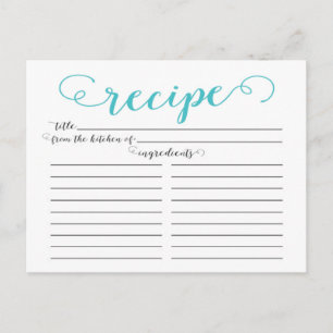 Modern Aqua Blue Script Bridal Shower Recipe Cards