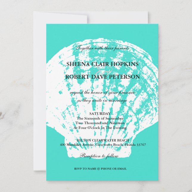 Modern Aqua Blue Seashell Wedding Invitations (Front)