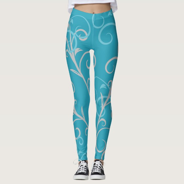 Modern Aqua Blue Swirl Pattern  Leggings (Front)