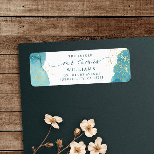 Modern Aqua Blue Watercolor Gold Return Address