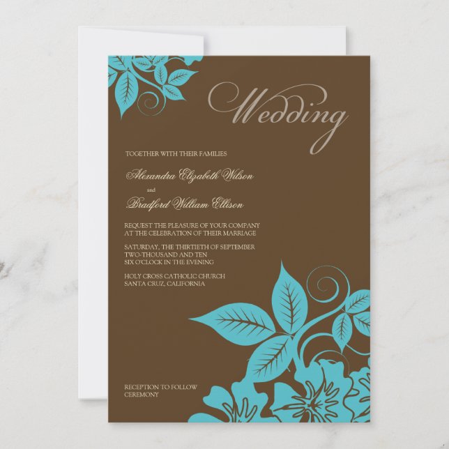 Modern Aqua/Brown Floral Wedding Invitation (Front)