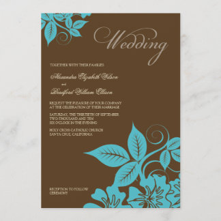 Modern Aqua/Brown Floral Wedding Invitation