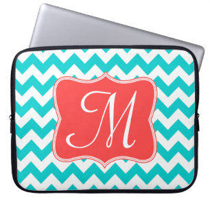 Modern Aqua Coral Chevron Monogram 15" Laptop Case