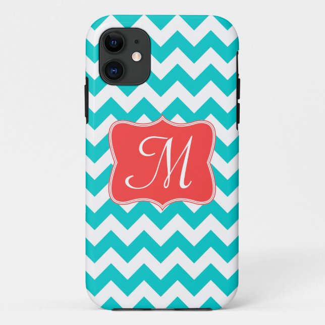 Modern Aqua Coral Chevron Monogram IPHONE 5 Case (Back)