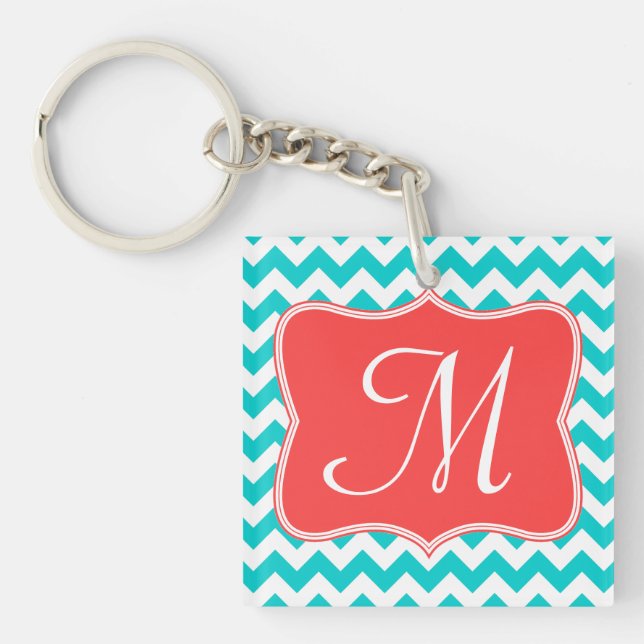 Modern Aqua Coral Chevron Zig Zag Stripe Key Chain (Front)