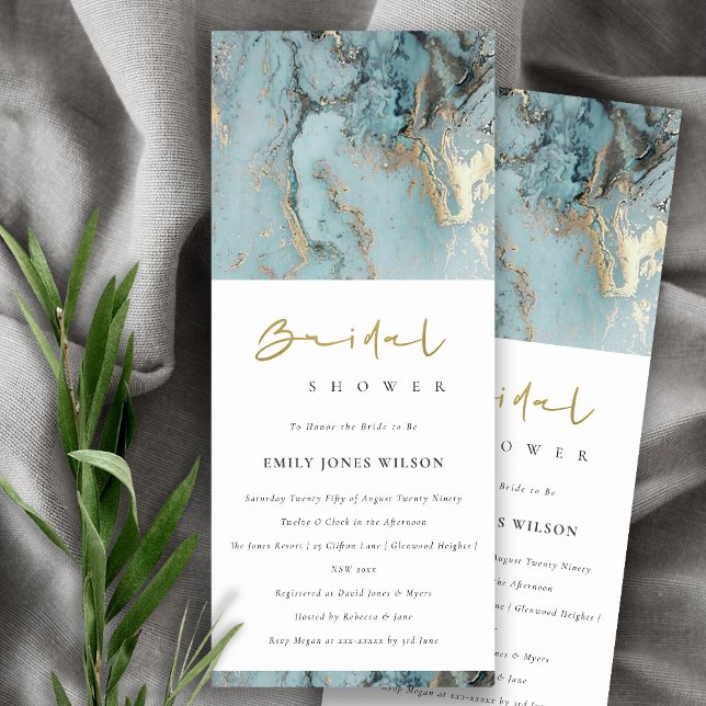 MODERN AQUA DUSKY BLUE GOLD AGATE BRIDAL SHOWER INVITATION (Creator Uploaded)