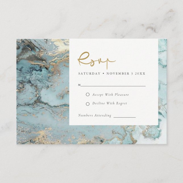MODERN AQUA DUSKY BLUE GOLD AGATE WEDDING RSVP ENC ENCLOSURE CARD (Front)