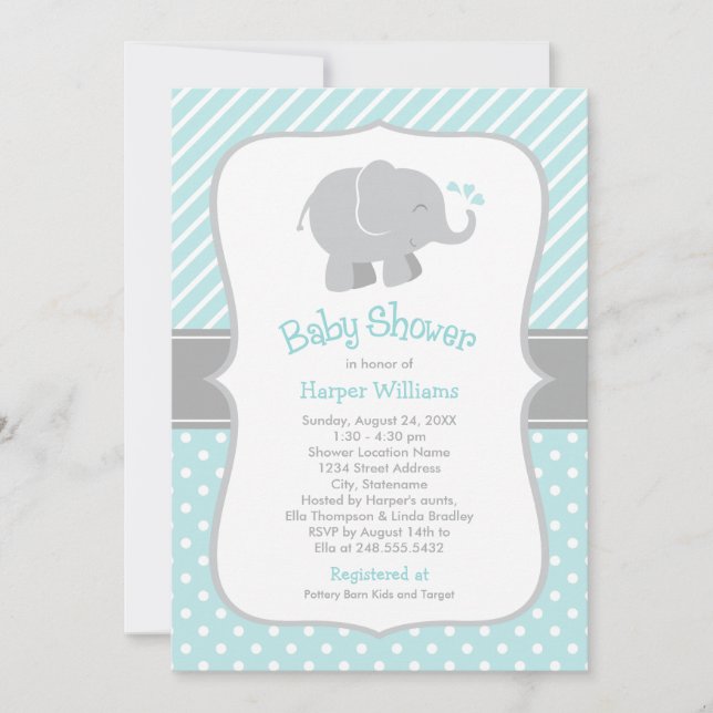 Modern Aqua Elephant Baby Boy Shower Invitation (Front)