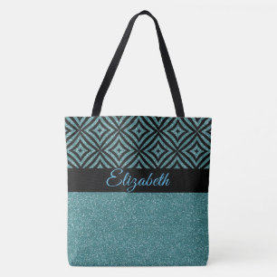 Modern Aqua Glitter Black Pattern Pesonalized Tote Bag