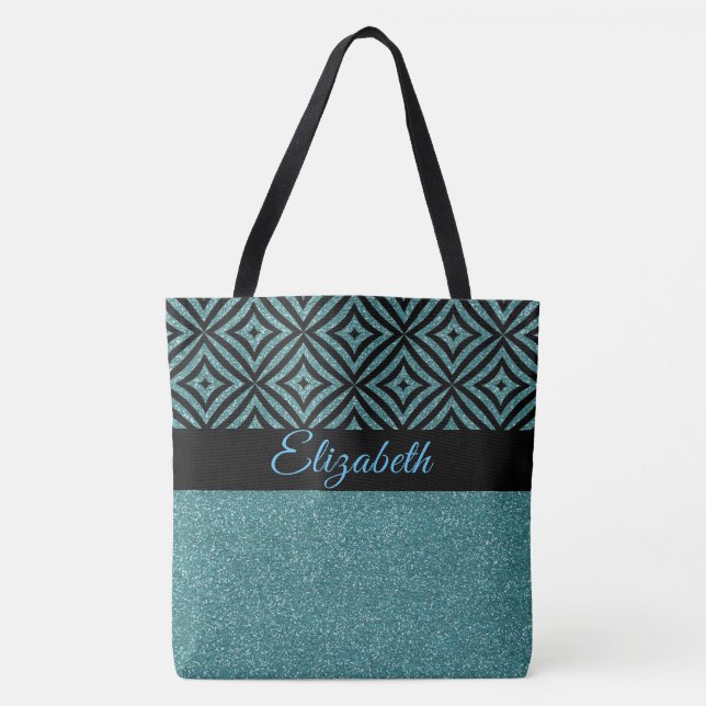 Modern Aqua Glitter  Black Pattern Pesonalized Tote Bag (Front)