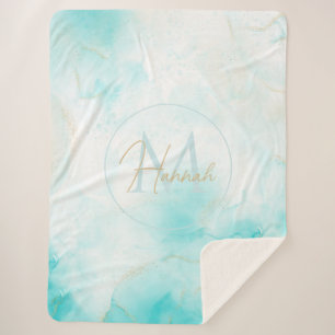 Modern Aqua Gold Alcohol Ink Art Watercolor Ocean Sherpa Blanket