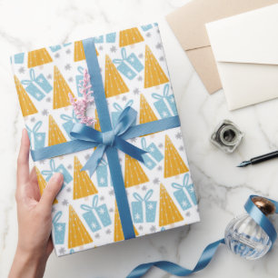 Modern Aqua Gold Christmas Trees and Gifts Wrapping Paper